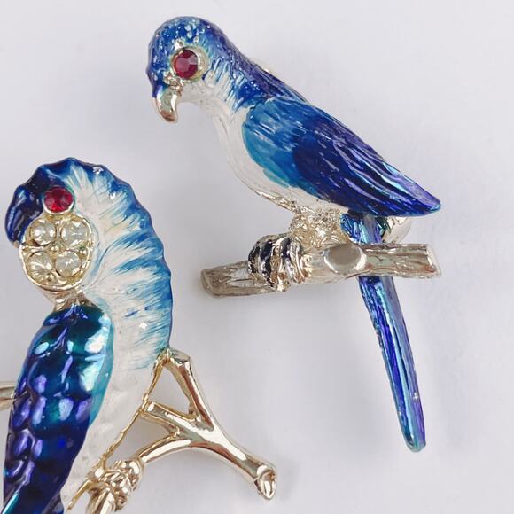 VTG Enamel Blue Bird Brooch Pair 1980s 1990s Gold Tone Rhinestone Figural Pins - Picture 2 of 11